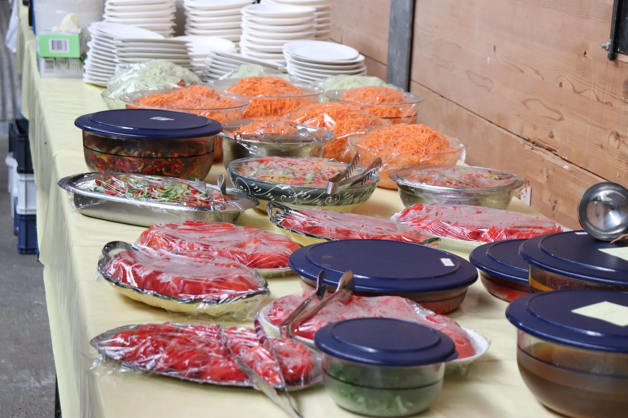 Das Salatbuffet: Schüsseln mit Paprika, Karotten und Gurken auf einem langen Tisch.