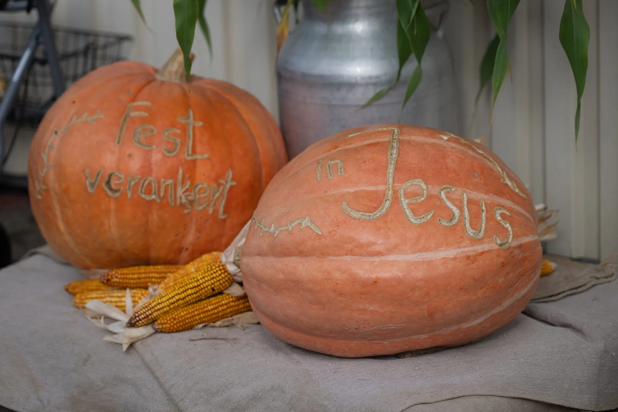 Zwei Kürbisse mit eingeritzter Schrift „Fest verankert in Jesus“, daneben Maiskolben.