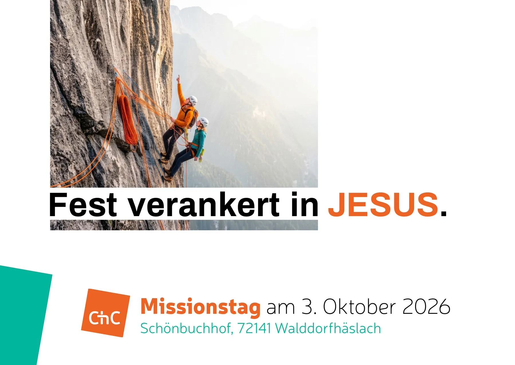 Die Einladung zum Missionstag 2026: zwei Menschen am Seil in einer Felswand, darunter „Fest verankert in JESUS.